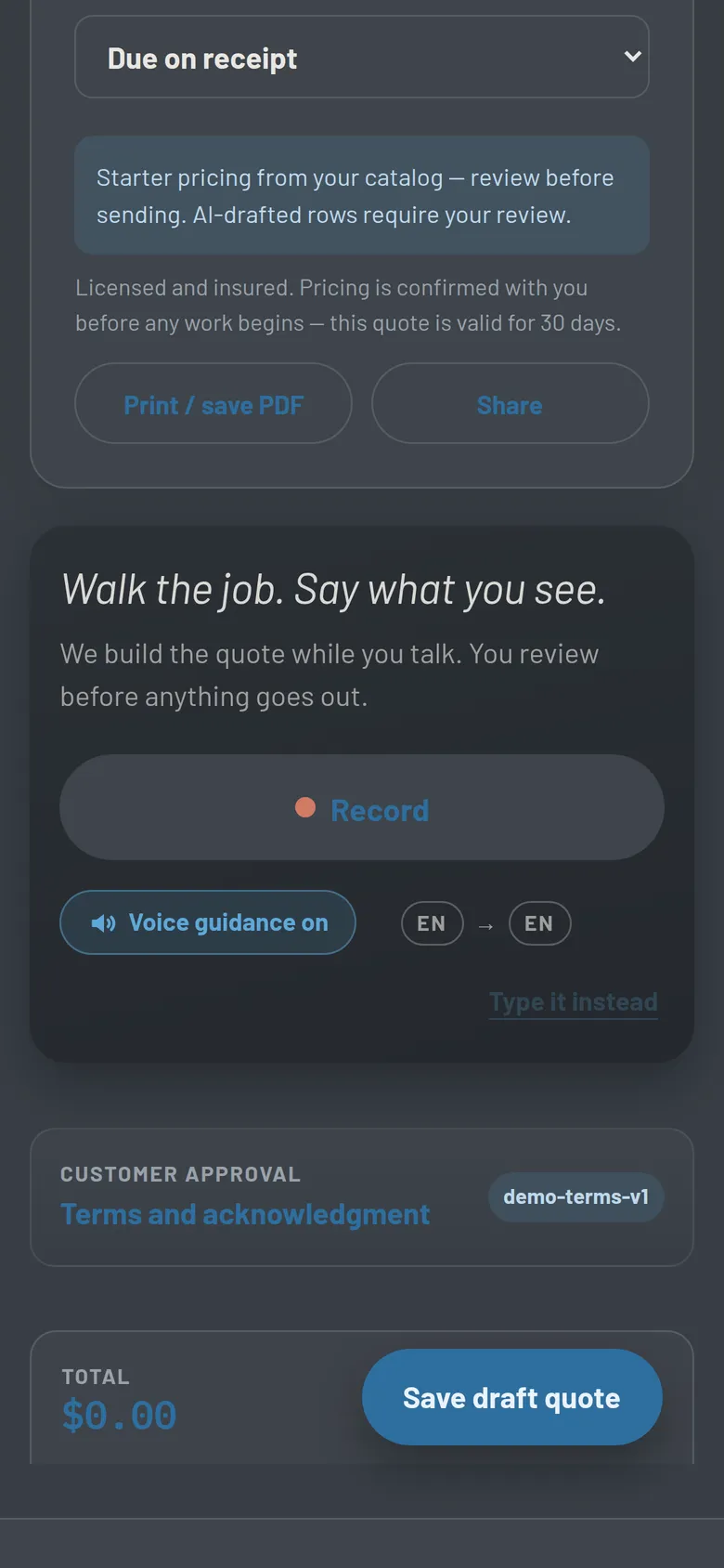The new-quote page: “Walk the job. Say what you see.” above a lit Record button.