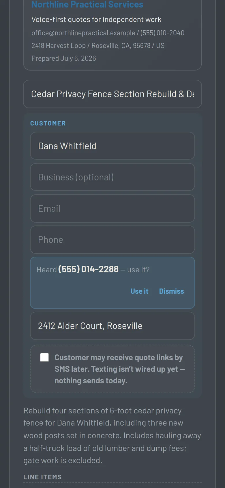 The quote header autofilled with the customer's name and address, and an inline confirm: “Heard (555) 014-2288 — use it?”