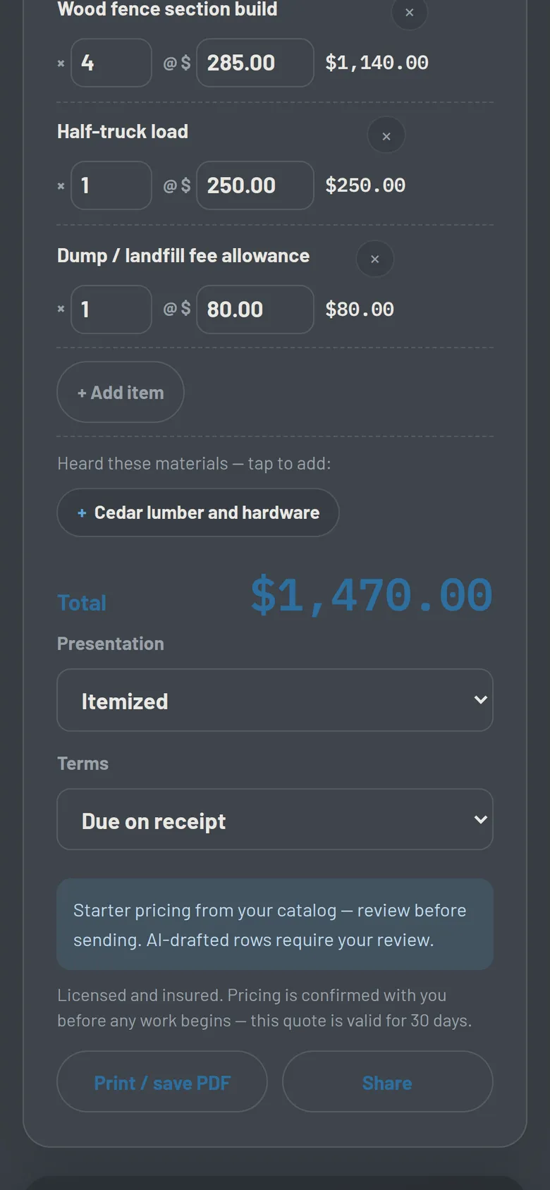 The finished quote: three editable line items totaling $1,470.00, with Print / save PDF and Share buttons.