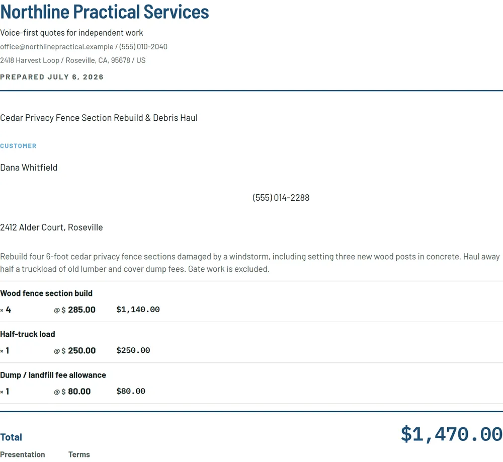 The printed quote sheet: Northline Practical Services letterhead, the fence rebuild line items, and the $1,470.00 total.